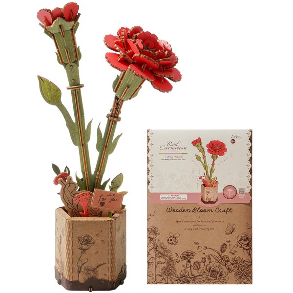 Wowood 3D Flower Wooden Puzzles for Adults-Red Carnation, DIY Wooden Flowers Model Kit Building Set Crafts for Adults to Build, Botanical Collection/Ideal Creative Gift Ideas/Housewarming (124PCS)