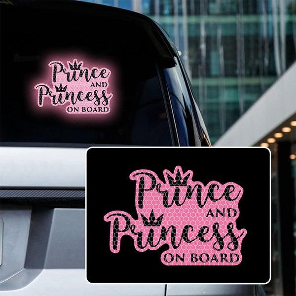 Iprokiu High Intensity Reflective Prince and Princess on Board Sticker for Car Waterproof Baby on Board Car Bumper Window Decal Reflective Safety Sign Kids on Board Car Sticker (Pink)