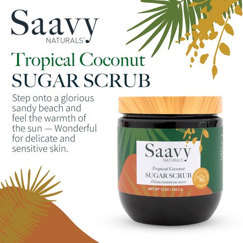 Saavy Naturals Tropical Coconut Sugar Scrub, Relaxing Tropical Scented Body Sugar Scrub Exfoliator, Vegan Natural Body Scrub with Vitamin E, Luxe Coconut Scrub Gift Set, 2 Pack