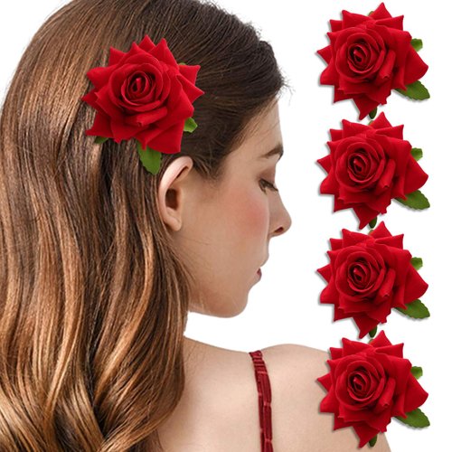 4Pcs Rose Hair Clips Red Flower Hairpins Women Bridal Dancer Party Wedding Birthday Daily Vintage Barrette Hair Accessories