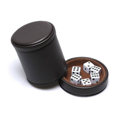 RERIVER PU Leather Dice Cup with Lid, Dark Chocolate Leatherette and Dark Brown Felt-Lined Quiet Dice Shaker Cup, Including 6 Black Dot Dice for Liars Dice/ Farkle/ Yahtzee Games, 1 Pack