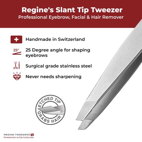 Regine Switzerland Professional Tweezers Slant Tip - Etched Tip Brow and Eyebrow Tool for Men and Women - Precision Tweezers for Fine Hair, Chin, Lash Extensions - Stainless Steel Handmade Beauty Tool