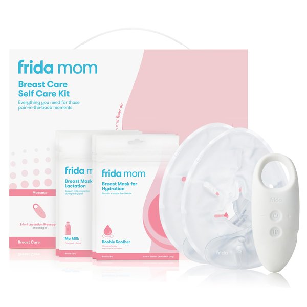 Frida Mom Breast Care Self Kit - 2-in-1 Lactation Massager, Instant Heat Warmers, Mask for Hydration, 9 Piece Set
