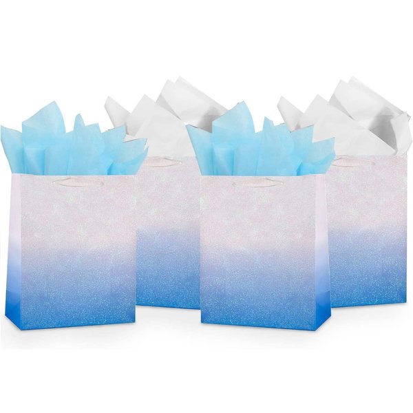 UNIQOOO 12Pcs Blue Glitter Ombre Gift Bags Bulk, 100% Recyclable Gift Wrapping Paper Bags, for Bridal Baby Shower, Wedding Birthday Party Favor Thank You Bag, Easter, Mother's Day, Medium 9x7x4 inch