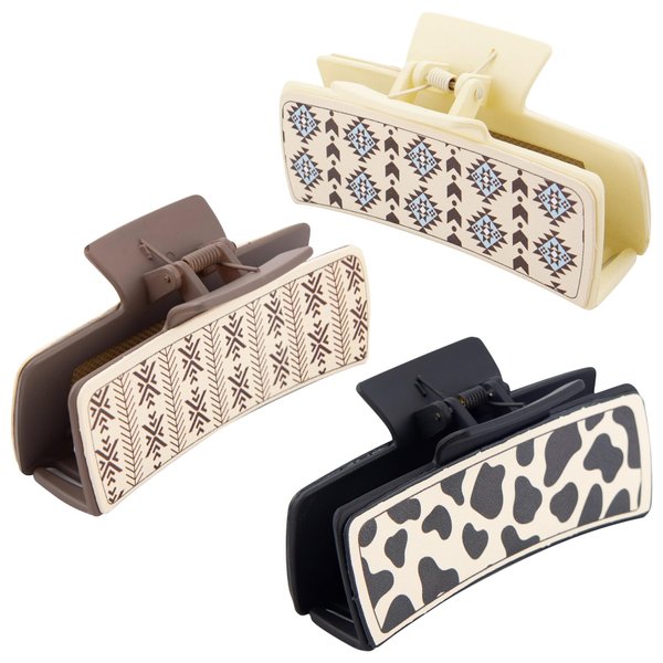 Framendino, 3 Pack Vintage Print Cattle Hair Claw Clip Cow Print Western Cowboy Hair Clip Non Slip Jaw Clips for Women Girl Mom Nurse Teacher Friend Teen