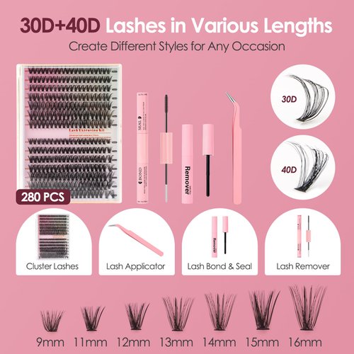 [280pcs Newest] Natural Lash Clusters Kit: DIY Eyelash Extension Kit, Individual Lashes, Wispy Lash Clusters, Fluffy Clusters, Mink Lash Clusters, Volume Lash Set
