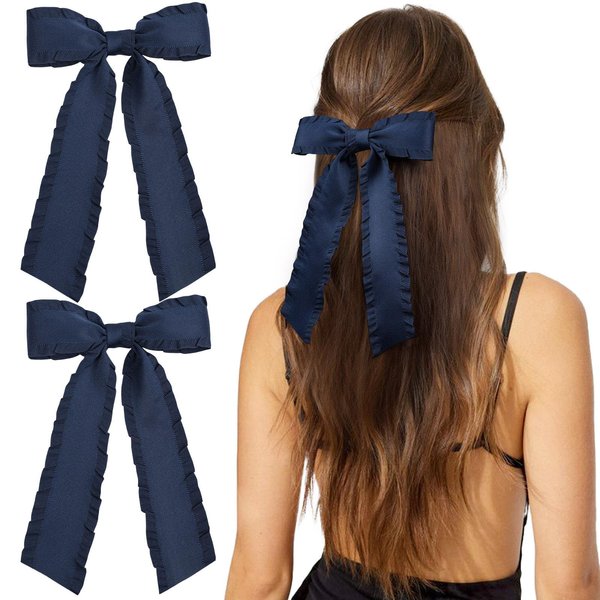 VOBOBE 2PCS Hair Bows for Women Girls, Navy Tassel Hair Ribbon Bowknot Hair Clips Barrettes Hair Accessories for Girl with Long Tail (Navy)