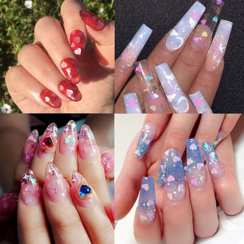 3D Heart Nail Art Glitters Stickers Decals Nail Art Supplies Colorful Love Nail Design Charms Heart Nail Sequins Holographic Laser Flakes Sparkly Foil Nails Accessories Manicure Decorations 12 Grid