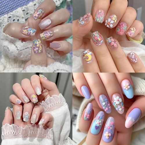 5D Embossed Flower Nail Art Stickers Decals Summer Daisy Nail Stickers 3D Self-Adhesive Colorful Floral Nail Art Supplies Cute Nail Design Nail Decals for Women Girls DIY Acrylic Nail Decoration 3Pcs