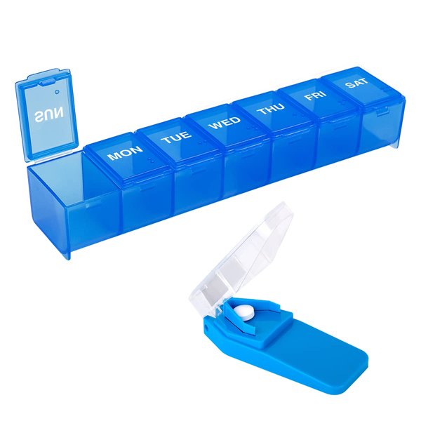 EZY DOSE Weekly (7-Day) Medication Management Bundle, Pill Case, Medicine Planner, Vitamin Organizer Box with Pill Cutter, Convenient and Easy to Use, Travel Friendly, Colors May Vary, BPA Free