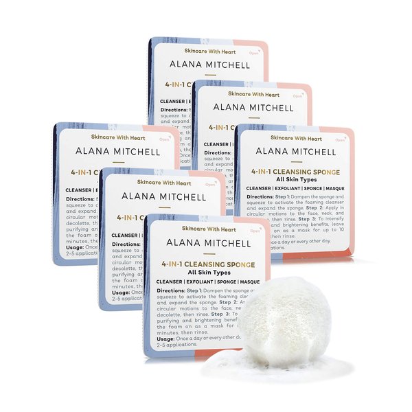 Alana Mitchell Cleansing Facial Sponges – 4-in-1 Face Exfoliator Sponge w/Facial Cleanser to Deep Clean Pores, Remove Makeup – Reusable Face Sponge – Face Cleanser for Glowing Complexion (6-Pack)