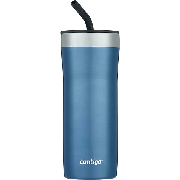 Contigo Streeterville Stainless Steel Vacuum-Insulated Tumbler with Straw and Splash-Proof Slider Lid, Keeps Drinks Hot up to 8hrs or Cold for 24hrs, Great for Travel/Work/School, 24oz Blue Corn
