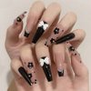 Aksod Cute Long Coffin Press on Nails Black Glossy Fake Nails Design Flower Bow French False Nails Tips Ballerina Full Cover Halloween Artificial Stick on Nails for Women and Girls 24Pcs (Style C)