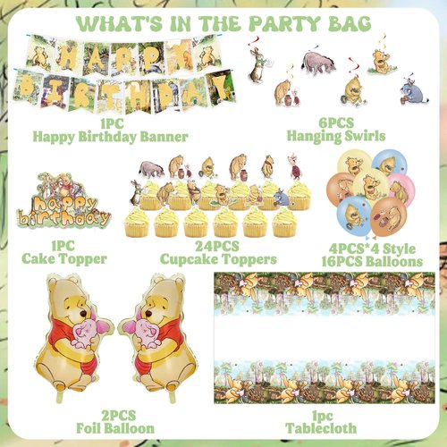Cute Winnie Birthday Decorations, Classic Winnie Baby Shower Decorations, Vintage Cartoon Bear Birthday Party Supplies, Include Banner, Balloons, Tablecloth, Cake Topper, Cupcake Toppers, Hanging