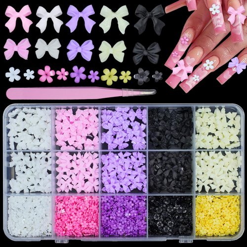 Bows and Flowers Nail Charms Set, 5 Color Bowknots Nail Charm+5 Color Blossom Flowers Nail Art Charms, Mixed Colorful 3D Acrylic Nail Charms for Nail Art Manicure DIY Crafts Jewel Accessories