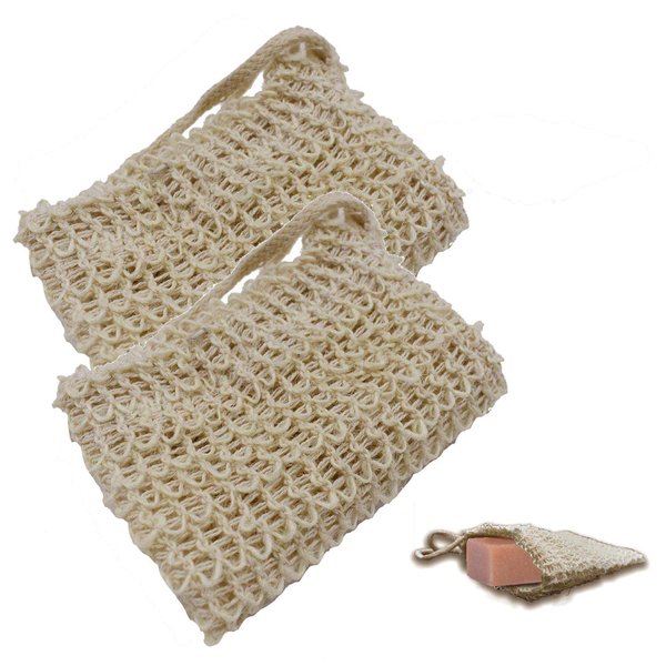 2 Pack Soap Exfoliating Bag Natural, Soap Saver with Drawstring and Wooden Bead Holder,Exfoliating Loofah Pouch for Bathroom Shower