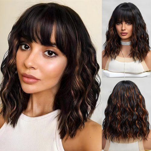 Black Wig With Highlights,Shoulder Length Bob Curly Wavy Black Wigs With Bangs for Women, Charming Heat-resistant Synthetic Hair Wigs for Date Daily Use