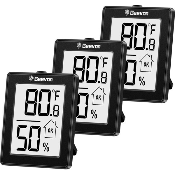 Geevon Digital Hygrometer, 3 Pack Indoor Thermometer Room Temperature Humidity Gauge with Battery,Digital Temperature Humidity Meter Indicator for Home, Office, Greenhouse, Mini Hygrometer,Black