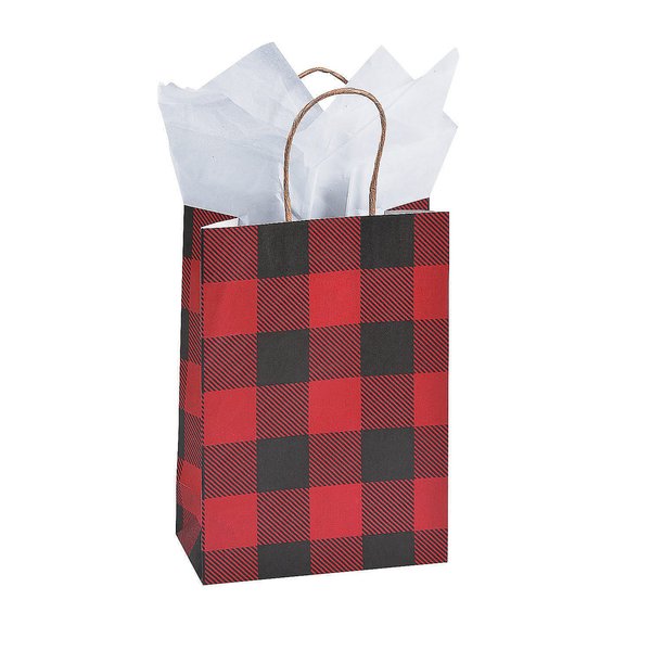 Fun Express Buffalo Plaid Gift Bags - Party Supplies - Set of 12 Kraft Paper Bags