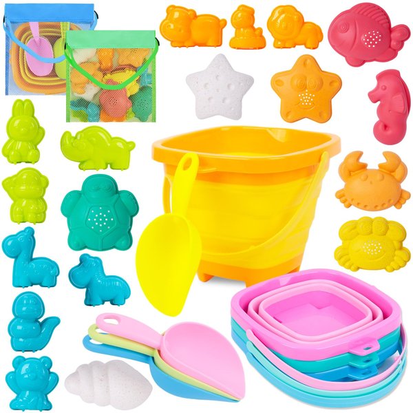 Shindel 26PCS Beach Toys for Kids, Collapsible Sand Bucket Foldable Beach Bucket Shell Collecting Bags Sand Molds for Outdoor Summer Beach Party