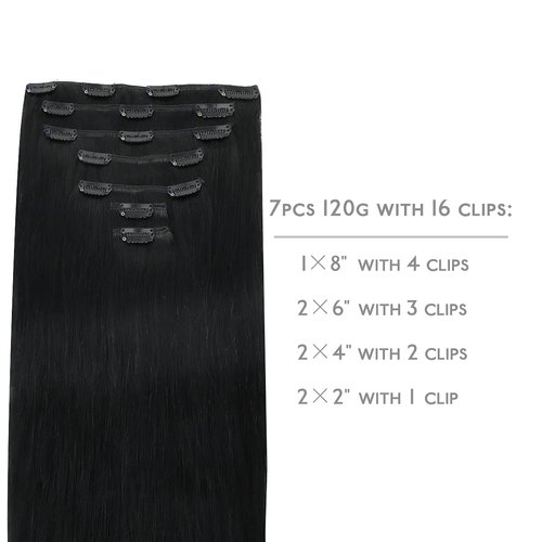WENNALIFE Clip in Hair Extensions Real Human Hair, 20 Inch 120g 7pcs Human Hair Extensions Clip In Human Hair, Jet Black Hair Extensions Clip In Real Hair Coloured Remy Human Hair Extensions