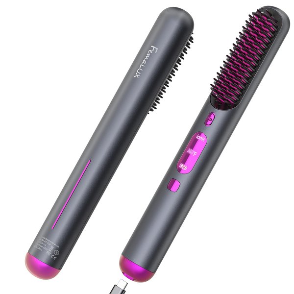 FeMaLUX Cordless Hair Straightener Brush, Portable Hair Straightener for Women,Lightweight for Travel Easy use,80mins Long Battery,10s Fast Heating, USB Rechargeable,Plasma Ionic Tech, LED Display