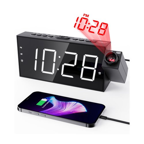 Projection Alarm Clock on Ceiling,Digital Clock for Bedroom with Battery Backup,7”Large Display,USB Charger,Dimmer,180° Rotatable Projector,12/24H,Snooze,DST,Loud Alarm Clock for Kids,Adults,Elders