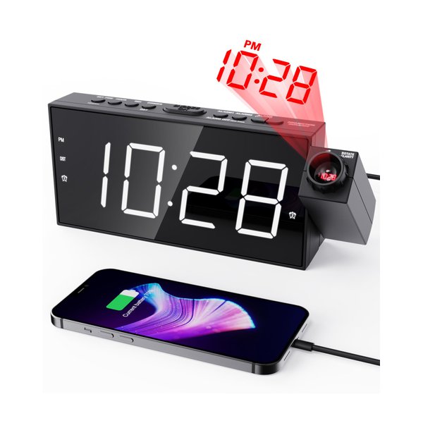 Projection Alarm Clock on Ceiling,Digital Clock for Bedroom with Battery Backup,7”Large Display,USB Charger,Dimmer,180° Rotatable Projector,12/24H,Snooze,DST,Loud Alarm Clock for Kids,Adults,Elders