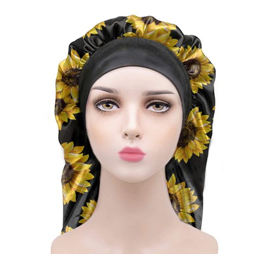 AFPANQZ Cute Sunflower Long Satin Bonnet Sleep Cap for Curly Braids Dreadlocks Long Hair Double Layers with Soft Elastic Band for Women Girls Silky Night Cap to Protect From Loss Black Yellow