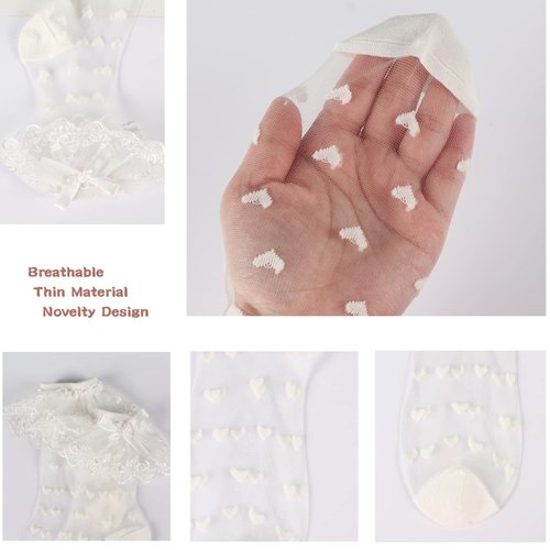 Womens Lace Ruffle Socks Sheer Mesh Frilly Socks Girls Fancy Cute Summer Socks Vintage Princess Socks Transparent See Through Ultra Thin Silk Nylon Crew Socks, 4 Pack-Black White Bow Lace Ruffle
