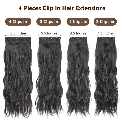 ZRQ Clip in Hair Extensions 4PCS 20 Inch Clip Ins Long Wavy Curly Hair Extension Soft Synthetic Hair Extension Fiber Thick Hairpieces (Natural Black, 20 Inch)