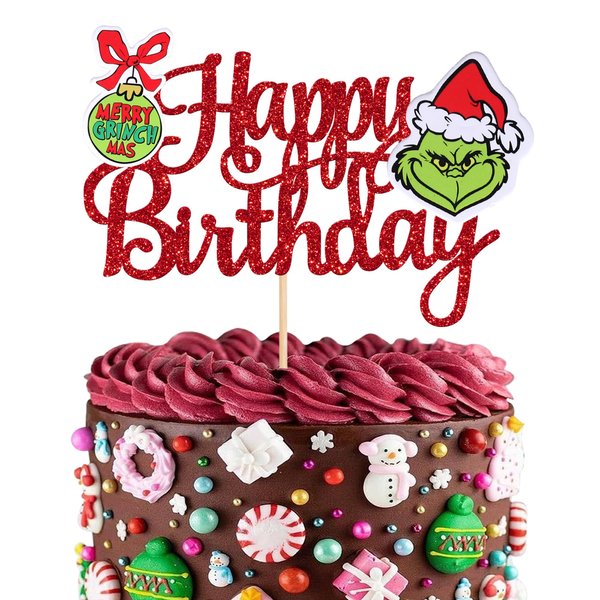 1 PCS Glitter Grinch Happy Birthday Cake Topper Assembled Merry Christmas Grinch Cake Pick for Christmas Theme Baby Shower Kids Birthday Party Cake Decorations Supplies Red