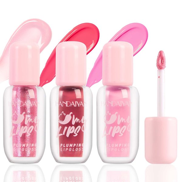 Wugbc 3 Colors Lip Plumper Gloss with Chili Extract-Lasting Plump Lips Hydrate & Volumize-High Shine, Clear Pink Liquid Lipstick Plumping Tint, Smooth Lip Wrinkles, Instantly Fuller Women Girls Makeup