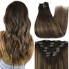 Full Shine Clip in Hair Extensions Human Hair Balayage Color 2 Darkest Brown Fading To 8 Ash Brown Highlight With 2 Brown Hair Extension Clip Ins 7 Pcs Clip in Real Hair 12 Inch for Short