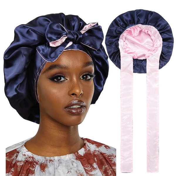 HAIMEIKANG Satin Bonnet-Silk Sleep Cap Non Slip Hair Wrap for Women Night Cap for Long/Curly Hair with Elastic Tie Band(Navy Blue+Pink)
