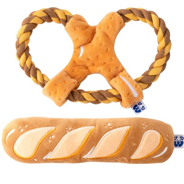 PAWTY Bread Set - Interactive Set - Tug Rope Snuffle Nosework Plush Toy with Squeaker - Chew Resistant Durable Pet Parody Game - Hide Treat Food Puzzle - Small Medium - Cute Puppy Gifts Birthday
