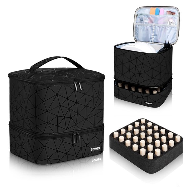 Covkev PU Leather Nail Polish Organizer Bag Holds Nail Lamp& 30+ Bottles (15ml-0.5 fl.oz), Portable Travel Nail Kit Storage Carrying Case, Double Layer Nail Supplies Organizer Handbag (Elegant Black)