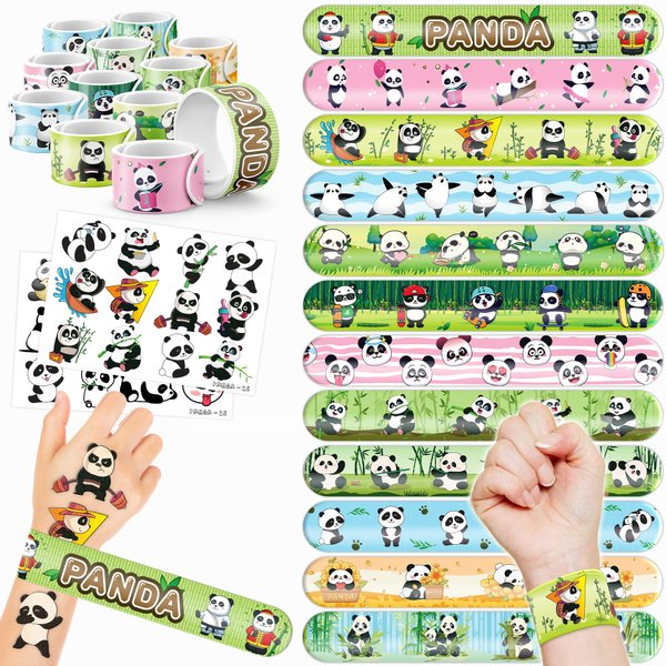 48 PCS Panda Party Favors 24PCS Tattoos Stickers 24PCS Slap Bracelets Wristbands Perfect for Panda Themed Birthday Baby Showers or Classroom Rewards Ideal Decor and Gifts for Girls and Boys