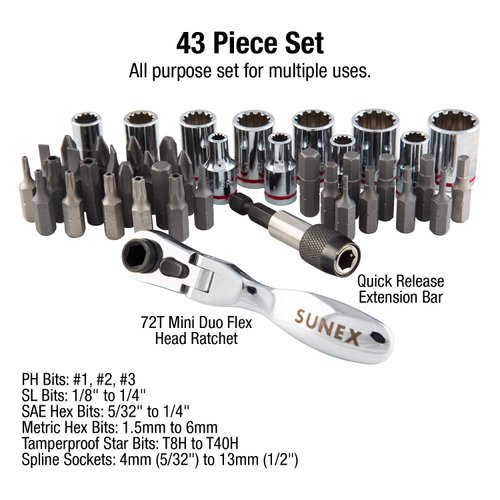SUNEX TOOLS 9732 44Pc 1/4" Dr Mini Dual Flex Head RATCHET W Socket & Bit Set