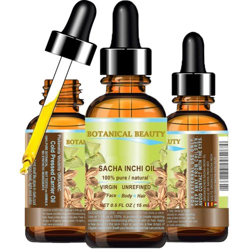 Botanical Beauty SACHA INCHI OIL 100% Pure Natural Undiluted Virgin Unrefined. 0.5 Fl.oz.- 15 ml. For Face, Skin, Hair, Lip and Nail Care.