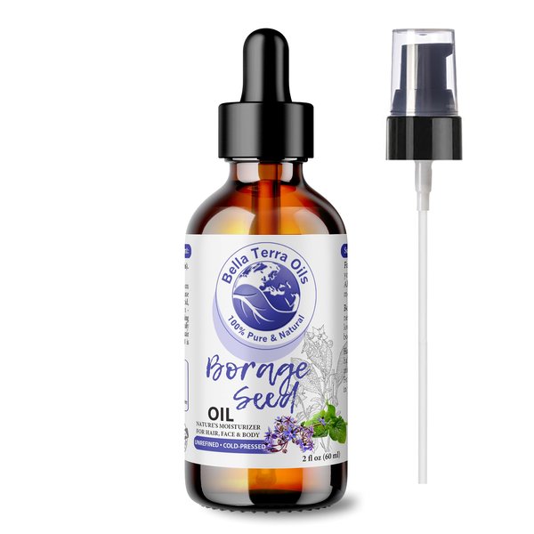 Bella Terra Oils Borage Seed Oil. 2oz. 100% Pure. Cold-pressed. Unrefined. PA-free. Hexane-free. GLA Oil. Natural Moisturizer for Hair, Face, Body, Nails, Stretch Marks