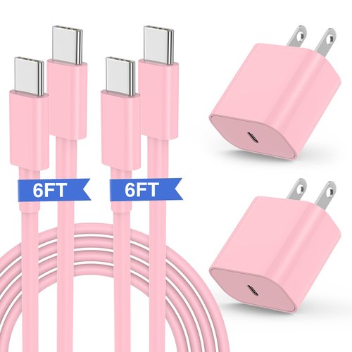 iPhone 15 Fast Charger, 20W USB C Charging Block for Apple iPhone 15 Plus/15 Pro Max, iPad Pro 12.9/11 inch/4/3th/Air/Mini/6 Gen,iPad Wall Plug Power Adapter Cube/6ft Type C to C Cable Cord Long Pink