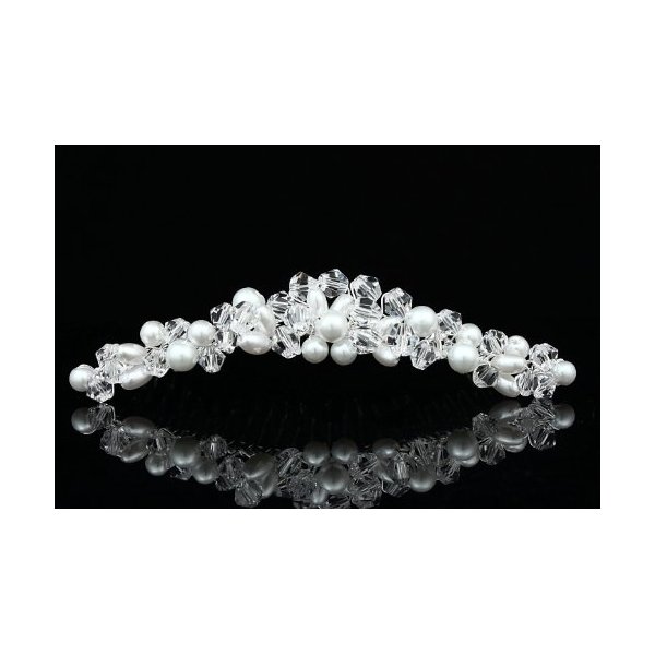 Handmade Faux Pearl Crystal Bead Cluster Bridal Wedding Tiara Comb - Silver Plated FC039