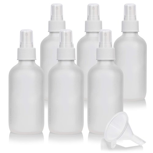 JUVITUS 4 oz Frosted Clear Glass Boston Round Bottle with White Fine Mist Sprayer (6 Pack) + Funnel