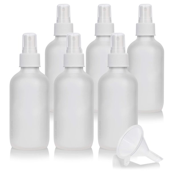 JUVITUS 4 oz Frosted Clear Glass Boston Round Bottle with White Fine Mist Sprayer (6 Pack) + Funnel