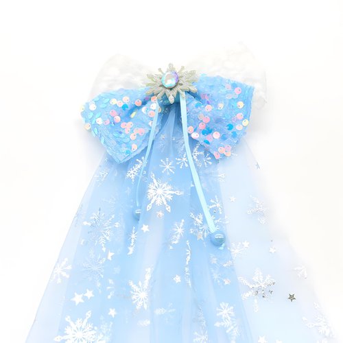 Princess Hair Clips for Girls Big Bow Hair Clip for Women Veil Snowflake Duckbill Clips Rhinestone Hair Accessory for Birthday Party Halloween Christmas (Blue)