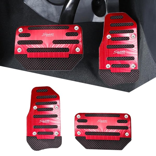 Slykew 2 PCS Automatic Transmission Car Accelerator Brake Pedal Replacement Kit, Alloy Scratch-Resistant Upgraded Anti-Slip Rubber Stripe Pedal, No Drilling Pedal Cover, Universal for Cars (Red)