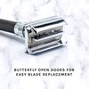 Parker, 96R Graphite Gray Long Handle Butterfly Open Double Edge Safety Razor for Men, 5 Parker Premium Platinum Double Edge Razor Blades Included