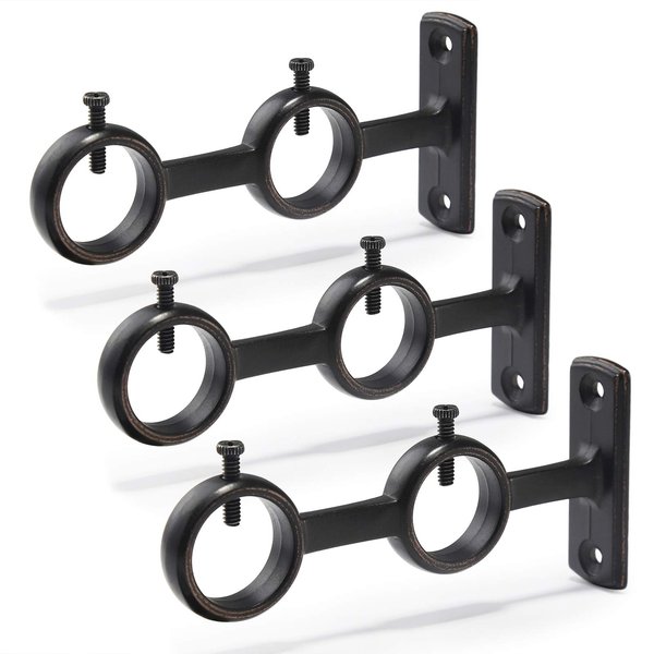 Goowin Curtain Rod Bracket, 3 pcs Double Curtain Rod Holder, Double Rod Brackets Hooks for Living Room Bedroom Curtain rods, Drapery Rods (Black)