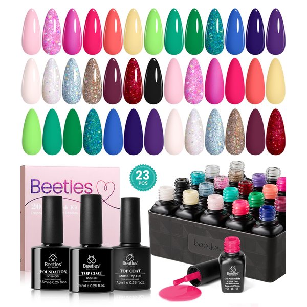 Beetles 23 Pcs UV Gel Nail Polish, Summer Bright Colors Blue Pink Purple Orange Green Glitter Soak Off Nail Gel Trendy Rainbow Nail Kit with Glossy & Matte Top and Base Coat